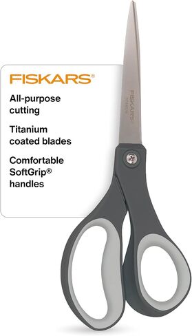 مقص Fiskars بمقبض مريح من التيتانيوم مقاس 8 بوصات لجميع الأغراض - شفرات من الفولاذ المقاوم للصدأ لمهام القطع اليومية - المنزل والمكتب والفنون والحرف اليدوية - رمادي in Kuwait