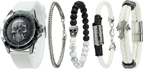 Men's Skull Watch with Stackable Bracelet Set, Silicone Band in Kuwait