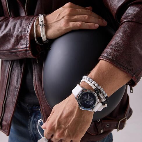 Men's Skull Watch with Stackable Bracelet Set, Silicone Band in Kuwait