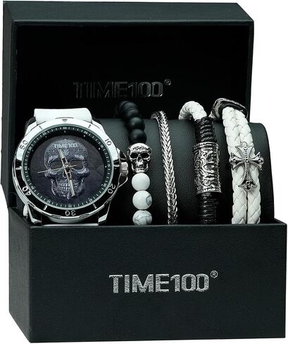 Men's Skull Watch with Stackable Bracelet Set, Silicone Band in Kuwait