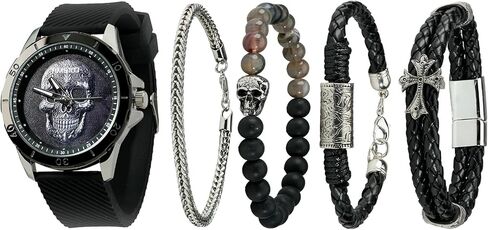 Men's Skull Watch with Stackable Bracelet Set, Silicone Band in Kuwait