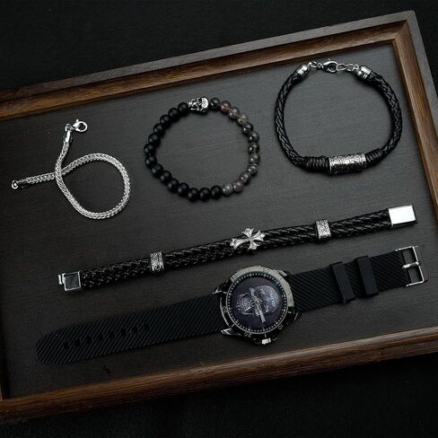 Men's Skull Watch with Stackable Bracelet Set, Silicone Band in Kuwait