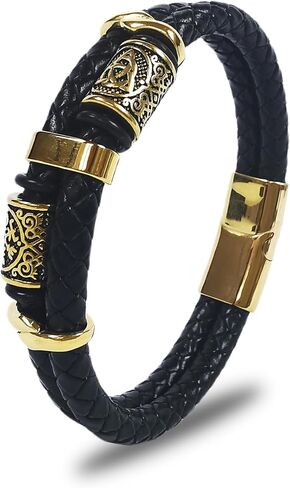 Viking Compass Celtic Knot Mens Bracelet, 316L Stainless Steel Double Row Cuff Bracelets for Men, Braided Leather Punk Gothic Wristband Jewelry in Kuwait