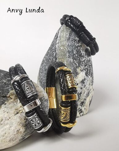 Viking Compass Celtic Knot Mens Bracelet, 316L Stainless Steel Double Row Cuff Bracelets for Men, Braided Leather Punk Gothic Wristband Jewelry in Kuwait