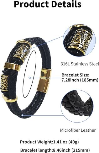 Viking Compass Celtic Knot Mens Bracelet, 316L Stainless Steel Double Row Cuff Bracelets for Men, Braided Leather Punk Gothic Wristband Jewelry in Kuwait