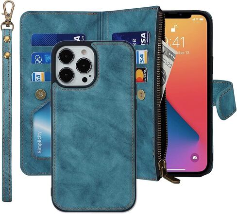 حافظة iCoverCase لهاتف iPhone 13 Pro Max مع حامل للبطاقات وحزام معصم، فتحات بطاقات بمسند من جلد البولي يوريثان وجيب بسحاب مغناطيسي [قابل للفصل] حافظة بغطاء قلاب مقاس 6.7 بوصة (أزرق داكن) in Saudi Arabia