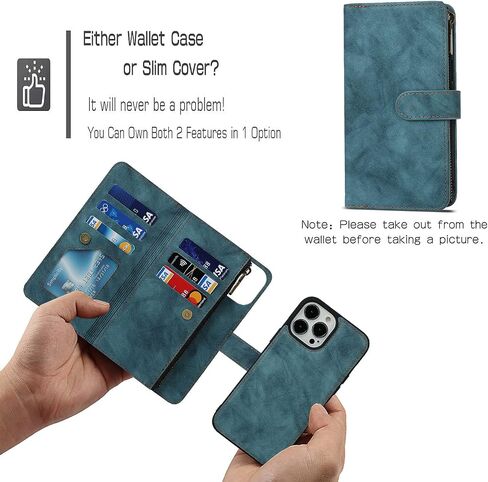 حافظة iCoverCase لهاتف iPhone 13 Pro Max مع حامل للبطاقات وحزام معصم، فتحات بطاقات بمسند من جلد البولي يوريثان وجيب بسحاب مغناطيسي [قابل للفصل] حافظة بغطاء قلاب مقاس 6.7 بوصة (أزرق داكن) in Saudi Arabia