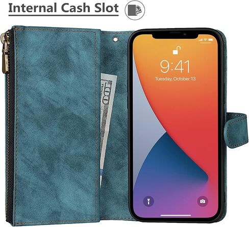 حافظة iCoverCase لهاتف iPhone 13 Pro Max مع حامل للبطاقات وحزام معصم، فتحات بطاقات بمسند من جلد البولي يوريثان وجيب بسحاب مغناطيسي [قابل للفصل] حافظة بغطاء قلاب مقاس 6.7 بوصة (أزرق داكن) in Saudi Arabia