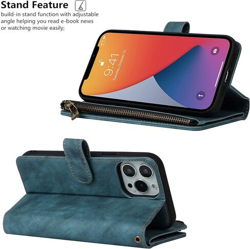 حافظة iCoverCase لهاتف iPhone 13 Pro Max مع حامل للبطاقات وحزام معصم، فتحات بطاقات بمسند من جلد البولي يوريثان وجيب بسحاب مغناطيسي [قابل للفصل] حافظة بغطاء قلاب مقاس 6.7 بوصة (أزرق داكن) in Saudi Arabia
