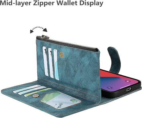 حافظة iCoverCase لهاتف iPhone 13 Pro Max مع حامل للبطاقات وحزام معصم، فتحات بطاقات بمسند من جلد البولي يوريثان وجيب بسحاب مغناطيسي [قابل للفصل] حافظة بغطاء قلاب مقاس 6.7 بوصة (أزرق داكن) in Saudi Arabia