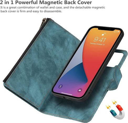 حافظة iCoverCase لهاتف iPhone 13 Pro Max مع حامل للبطاقات وحزام معصم، فتحات بطاقات بمسند من جلد البولي يوريثان وجيب بسحاب مغناطيسي [قابل للفصل] حافظة بغطاء قلاب مقاس 6.7 بوصة (أزرق داكن) in Saudi Arabia