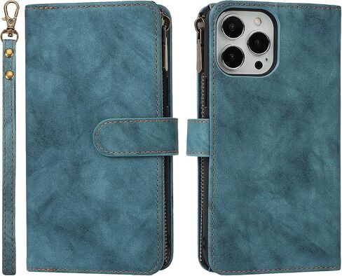 حافظة iCoverCase لهاتف iPhone 13 Pro Max مع حامل للبطاقات وحزام معصم، فتحات بطاقات بمسند من جلد البولي يوريثان وجيب بسحاب مغناطيسي [قابل للفصل] حافظة بغطاء قلاب مقاس 6.7 بوصة (أزرق داكن) in Saudi Arabia