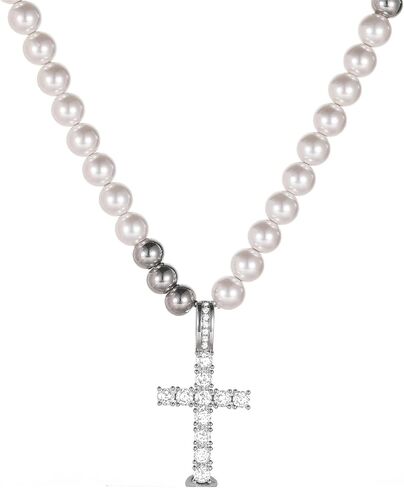 Cross Pearl Necklace for Men Stainless Steel Necklace 10mm Double Layered Cuban Link Fashion Jewelry Baptism Gifts for Him in Saudi Arabia
