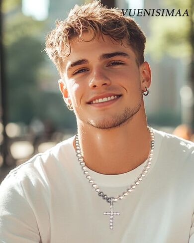 Cross Pearl Necklace for Men Stainless Steel Necklace 10mm Double Layered Cuban Link Fashion Jewelry Baptism Gifts for Him in Saudi Arabia