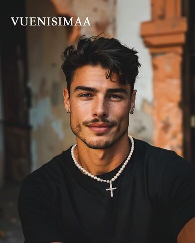Cross Pearl Necklace for Men Stainless Steel Necklace 10mm Double Layered Cuban Link Fashion Jewelry Baptism Gifts for Him in Saudi Arabia