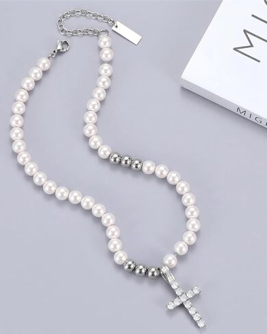 Cross Pearl Necklace for Men Stainless Steel Necklace 10mm Double Layered Cuban Link Fashion Jewelry Baptism Gifts for Him in Saudi Arabia