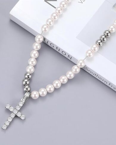 Cross Pearl Necklace for Men Stainless Steel Necklace 10mm Double Layered Cuban Link Fashion Jewelry Baptism Gifts for Him in Saudi Arabia