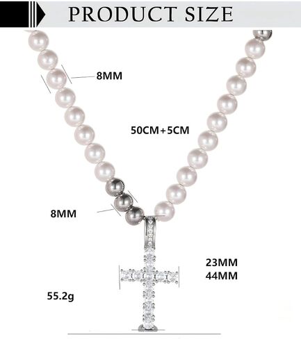 Cross Pearl Necklace for Men Stainless Steel Necklace 10mm Double Layered Cuban Link Fashion Jewelry Baptism Gifts for Him in Saudi Arabia