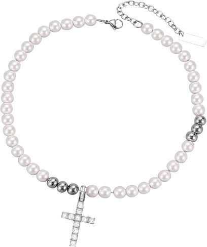 Cross Pearl Necklace for Men Stainless Steel Necklace 10mm Double Layered Cuban Link Fashion Jewelry Baptism Gifts for Him in Saudi Arabia
