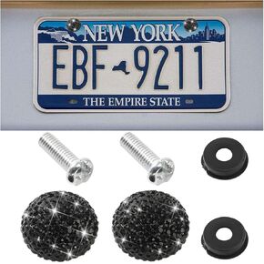 AUCELI 2PCS Bling Car License Plate Screw Caps, Rhinestone Crystal Diamond Rust Resistant Auto License Plate Frames Screw Cover, Vehicle Plate Bolt Fastener Kit, Universal for Car Motorcycle（Black）