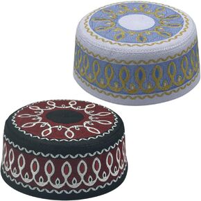 2Pcs Muslim Prayer Kufi Hats for Men Islam Beanie Skull Cap Embroidered Topi Round Cap Headwear Ramadan Eid Gift(Red+Blue)