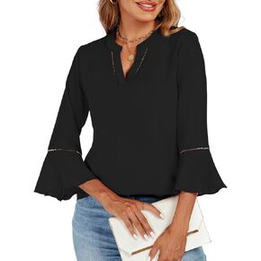 jonivey Womens Dressy Casual Blouses 3/4 Bell Ruffle Sleeve V Neck Business Tops Ladies Trendy Work Tunic Shirts