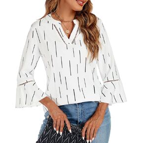jonivey Womens Dressy Casual Blouses 3/4 Bell Ruffle Sleeve V Neck Business Tops Ladies Trendy Work Tunic Shirts in Kuwait