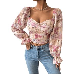 MakeMeChic Women's Floral Off Shoulder Flare Long Sleeve Ruched Shirred Blouses Crop Top