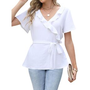 CiCiBird Women Dressy Casual Shirt Ruffle Wrap V Neck Tops Tie Waist Peplum Business Work Blouse