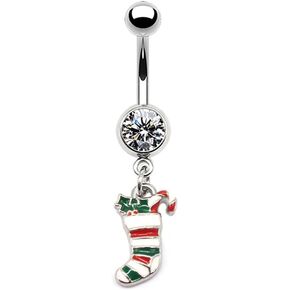 14G Cute Christmas Element Dangle Belly Button Ring 316L Surgical Steel Christmas Tree Hat Jingle Bells Snowflake Socks Belly Navel Rings Xmas Belly Piercing Jewelry for Women