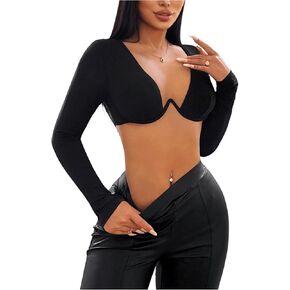 SweatyRocks Women's Deep V Neck Long Sleeve Underwire Crop Tops Super Crop Tee Shirt