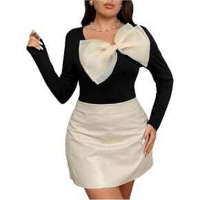 Women's Plus Size 3D Bowknot Scoop Neck T Shirt Casual Long Sleeve Slim Top