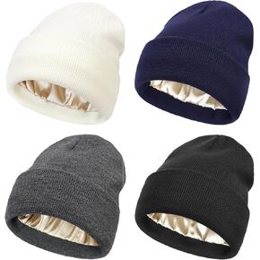 4 Pack Womens Satin Lined Beanie Hats,Silk Lined Winter Knit Beanie Soft Warm Cuffed Skull Cap for Men