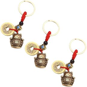3Pcs Lucky Pure Brass Fortune Cat Keychain with Five Emperors Money Coins