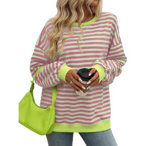 CASURESS Women Striped Oversized Sweatshirt Long Sleeve Crewneck Shirts Fall Fashion Pullover Sweater