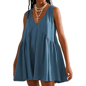 Mini Dress for Women 2024 Summer Casual Sleeveless V Neck Sundress Loose Babydoll Dress with Pockets