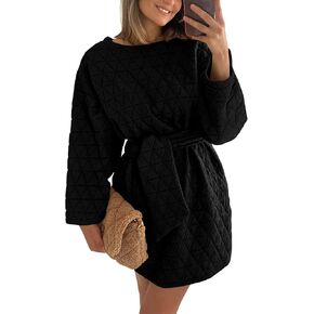 PRETTYGARDEN Women's Long Sleeve Dresses Spring Fall Casual Short Belted Dress Trendy Quilted Outfits with Pockets