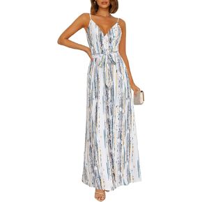 OUGES Womens Summer Maxi Dress V Neck Floral Adjustable Spaghetti Strap Beach Dresses with Pockets