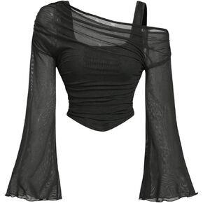 Women's Y2K Lettuce Trim Long Bell Sleeve 2 in 1 T Shirts Mesh Asymmetrical Neck Ruched Tee Shirts Crop Top