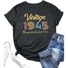 Vintage 1945 T Shirts for Women 80th Birthday Gifts Shirt Retro 80 Years Old Birthday Party Outfit Top