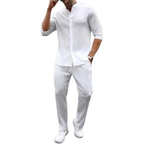 Men's 2 Piece Outfits Casual Half Sleeve Button Up Shirts and Drawstring Pocket Pants