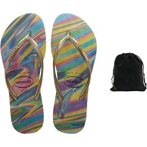 شبشب Havaianas النسائي النحيف قزحي الألوان - صنادل أنيقة ومريحة ومتينة بلمسة نهائية معدنية، مثالية للشاطئ والارتداء الكاجوال واليومي، تتضمن حقيبة مخملية، 9-10، أخضر ليموني in Kuwait