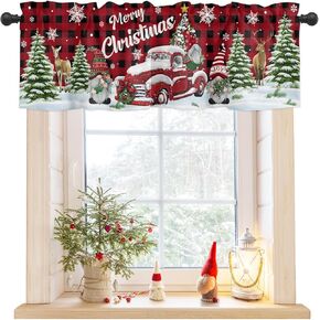 Christmas Kitchen Valance for Windows Merry Christmas Xmas Tree Gnome and Truck Red and Black Plaid Semi Sheer Valance Curtains Rod Pocket Short Curtain Panel for Living Room Bathroom Bedroom, 54"x18"