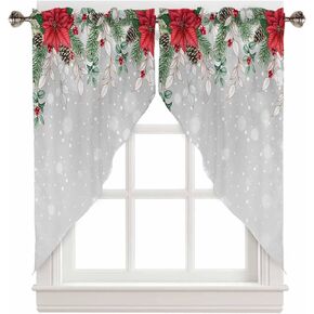 Christmas Swag Curtain Valances Poinsettia Flower Pine Cone Short Swag Topper for Small Windows Snow Winter Berry Window Curtain Tiers for Kitchen Bedroom Living Room 56" W x 36" L