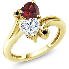 Gem Stone King 18K Yellow Gold Plated Silver Red Garnet White Moissanite and Black Diamond Ring For Women (1.83 Cttw, Heart Shape 6MM, Gemstone January Birthstone, Available In Size 5, 6, 7, 8, 9)