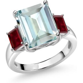 Gem Stone King 7.01 Cttw Sky Blue Simulated Aquamarine and Red Garnet 925 Sterling Silver 3-Stone Ring For Women | 12X10MM and 6X4MM Emerald Cut | Available In Size 5, 6, 7, 8, 9