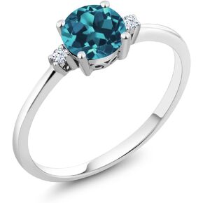 Gem Stone King 10K White Gold London Blue Topaz and White Created Sapphire Solitaire Engagement Ring For Women (0.78 Cttw, Round 6MM, Gemstone November Birthstone, Available in Size 5,6,7,8,9)