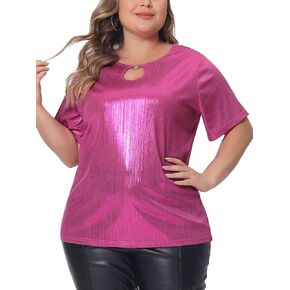 Agnes Orinda Plus Size Top for Women Keyhole Metallic Round Neck Short Sleeve t Shirt Party Blouses Tee Tops