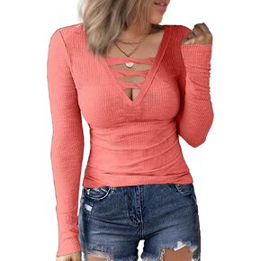 Buauty Women V-Neck Long Sleeve Fitted Thermal Tunic Tee Top Criss Cross Ribbed Casual Shirt Slim Blouse