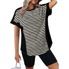 Dokotoo T Shirts for Women Striped Color Block Crewneck Short Sleeve Casual Workout Tops Loose High Low Blouses